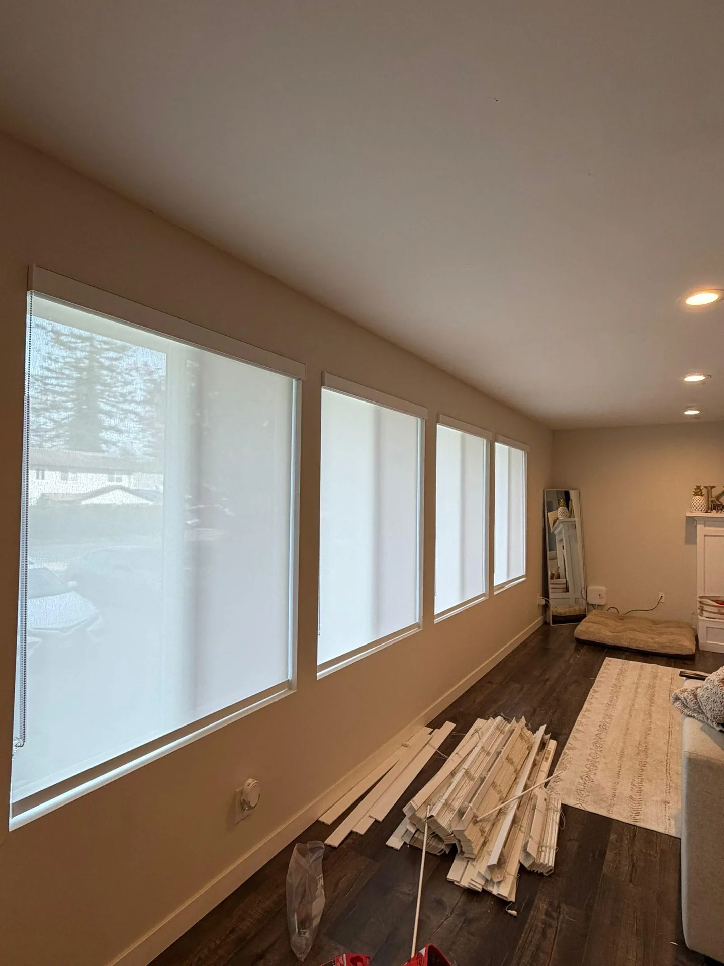 Translucent shades across a row of living room windows