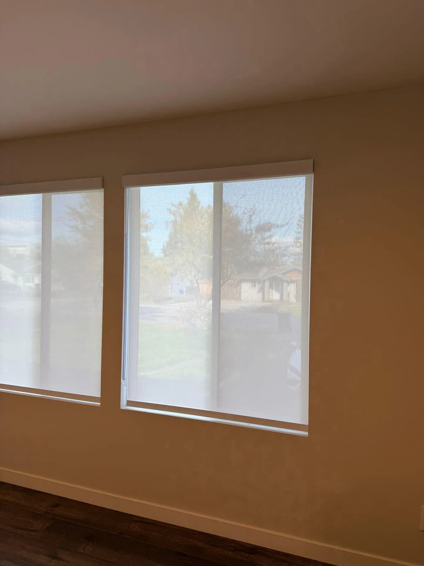 Roller shades fitted over two living room windows