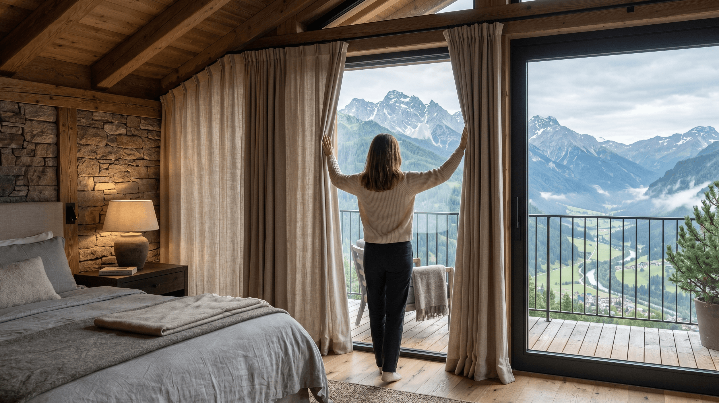 Curtains framing a mountain view in a warm, modern bedroom